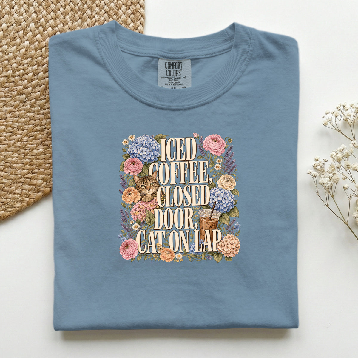 Iced Coffee, Closed Door, Cat On Lap graphic tee in Blue Jean, folded flat lay