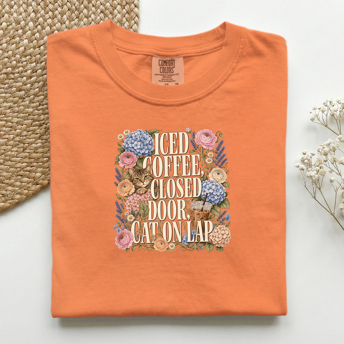 Iced Coffee, Closed Door, Cat On Lap graphic tee in Burnt Orange, folded flat lay
