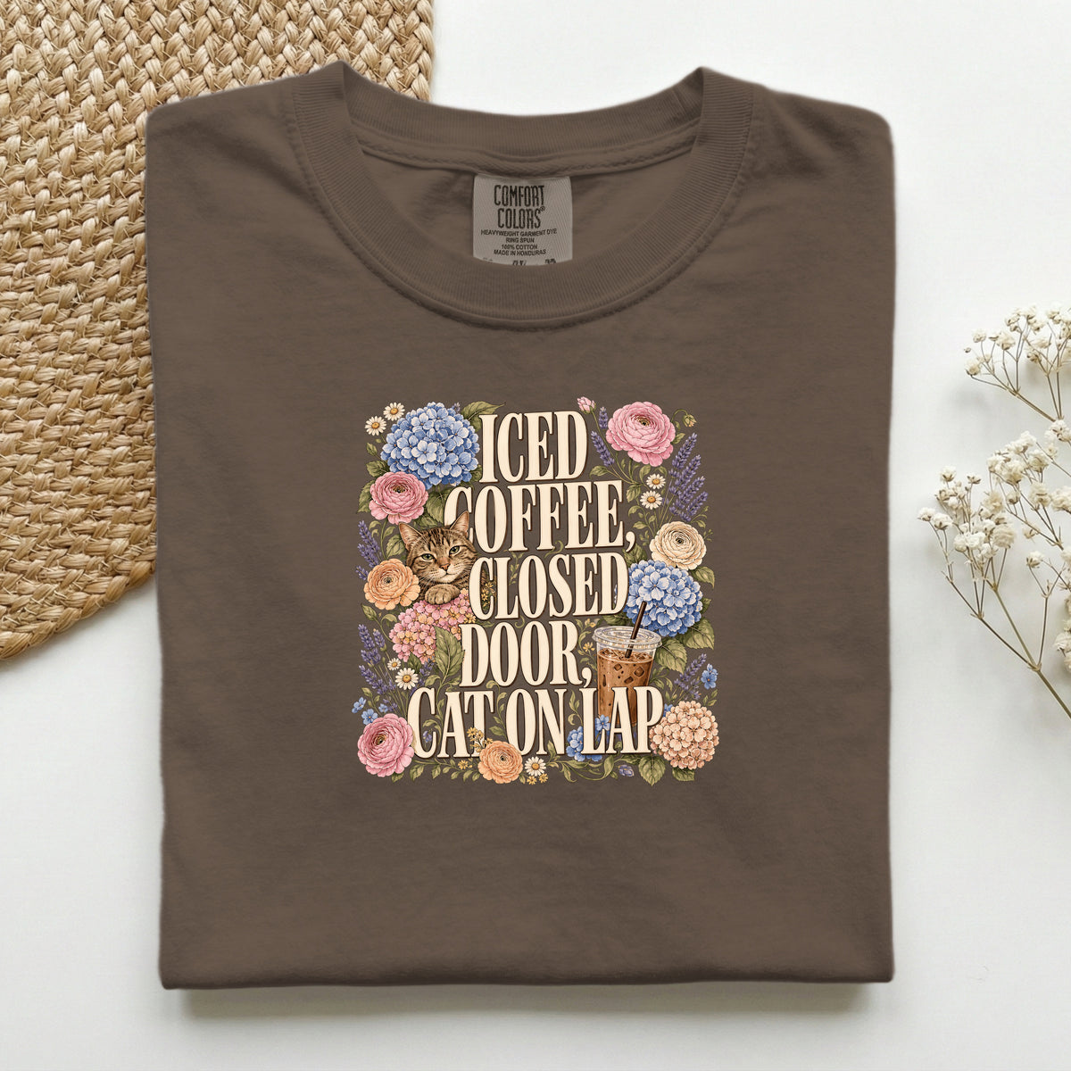 Iced Coffee, Closed Door, Cat On Lap graphic tee in Espresso, folded flat lay