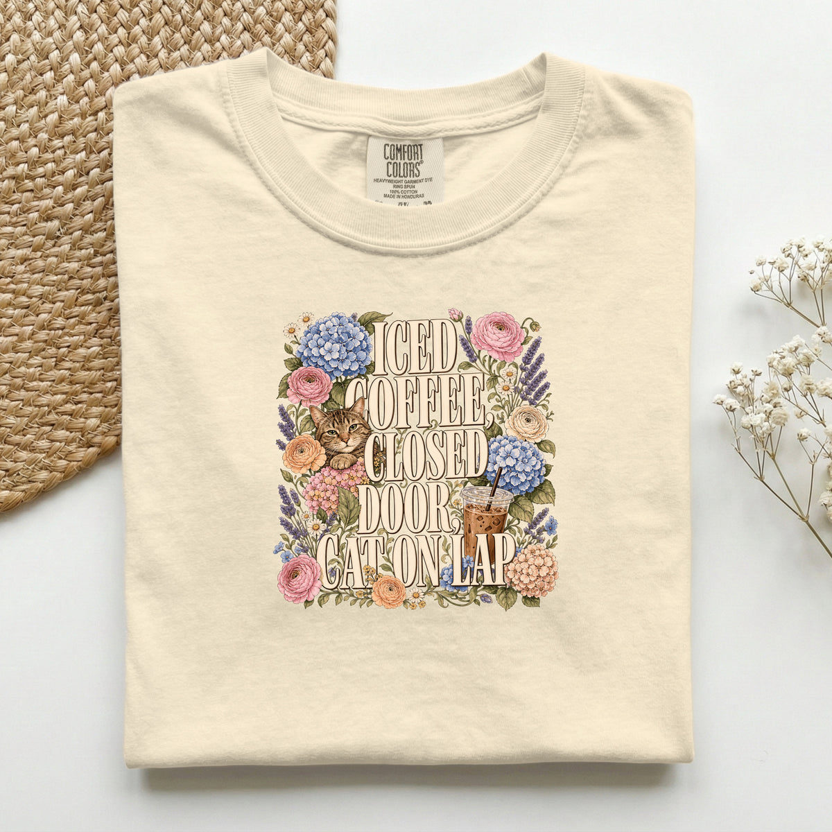 Iced Coffee, Closed Door, Cat On Lap graphic tee in Ivory, folded flat lay