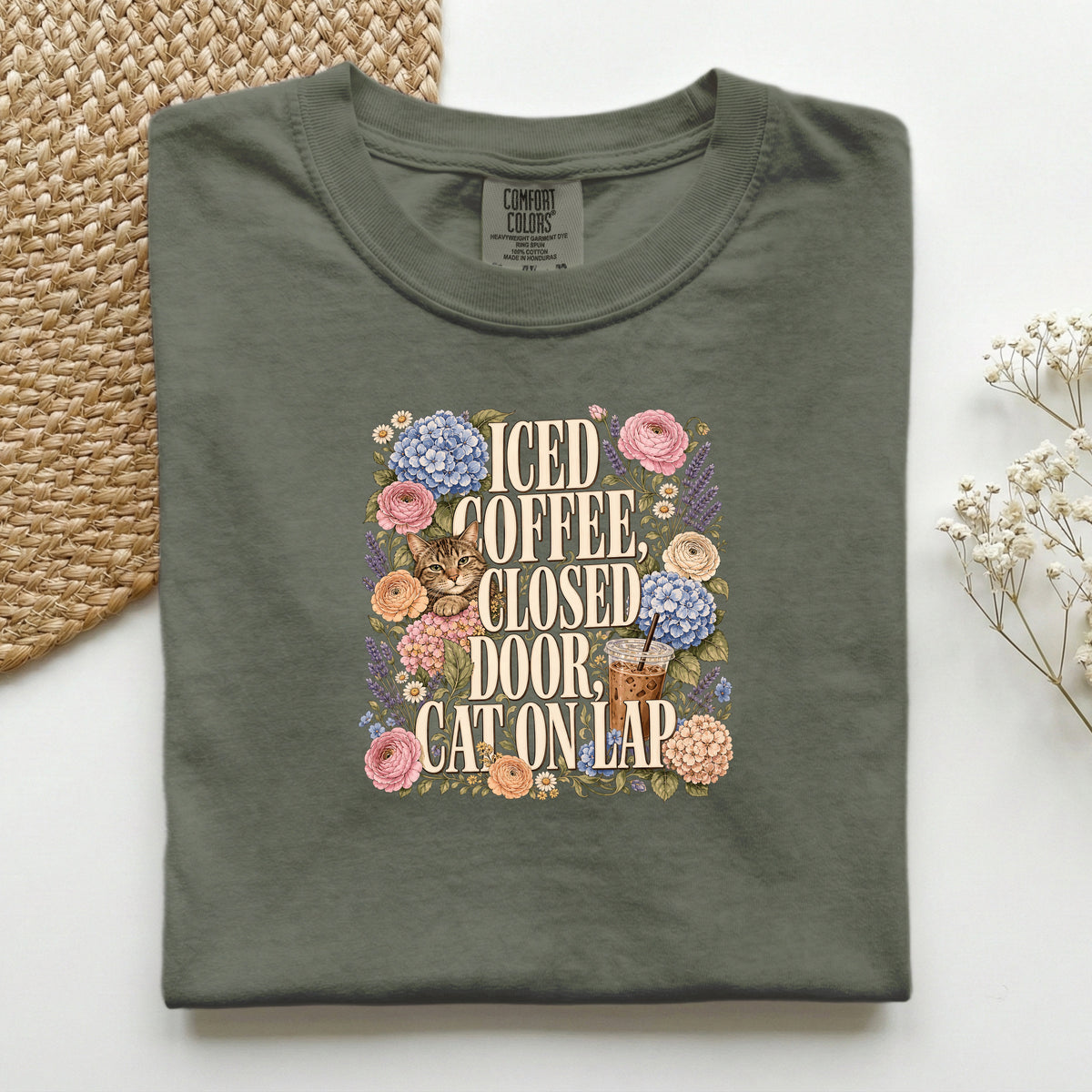Iced Coffee, Closed Door, Cat On Lap graphic tee in Moss, folded flat lay