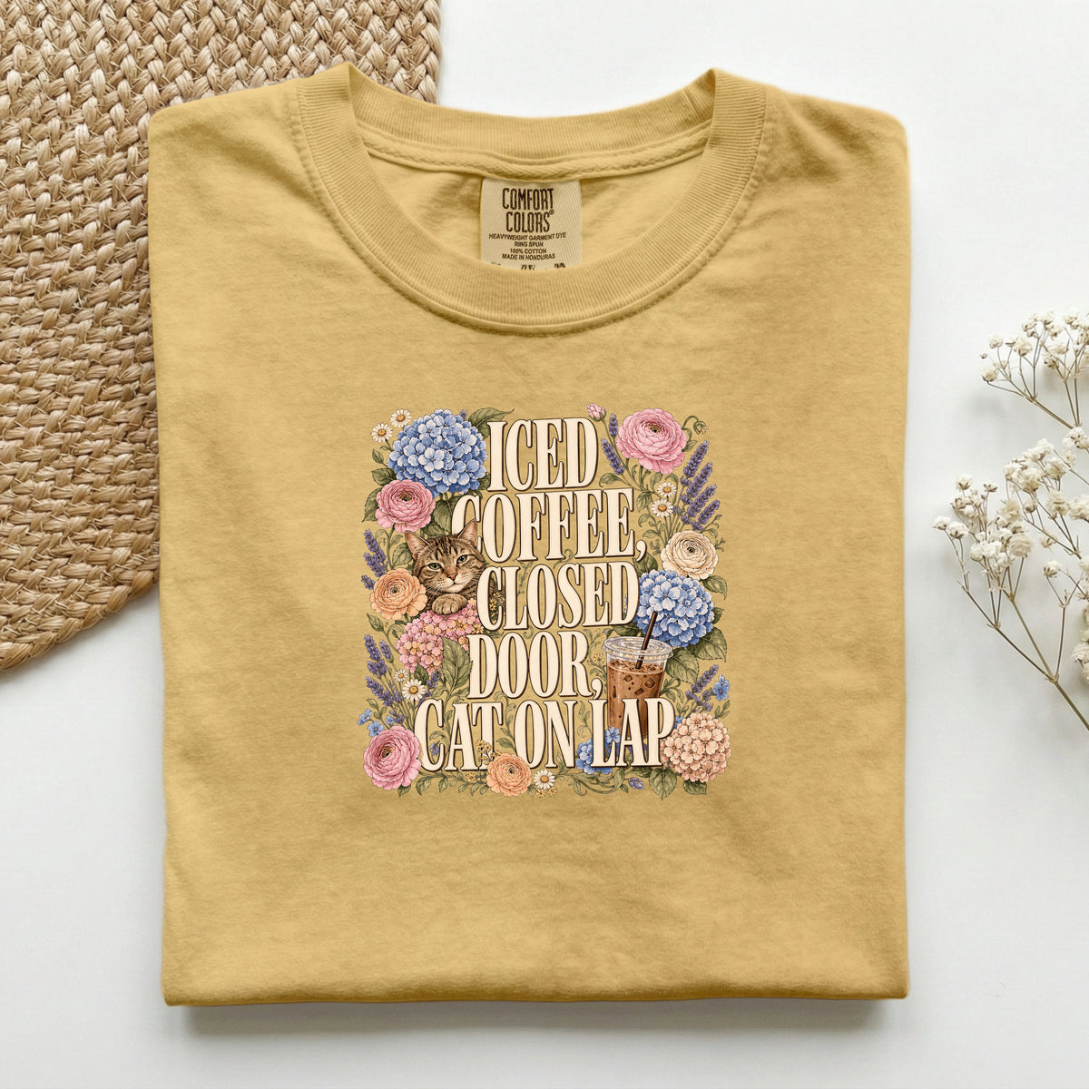 Iced Coffee, Closed Door, Cat On Lap graphic tee in Mustard, folded flat lay