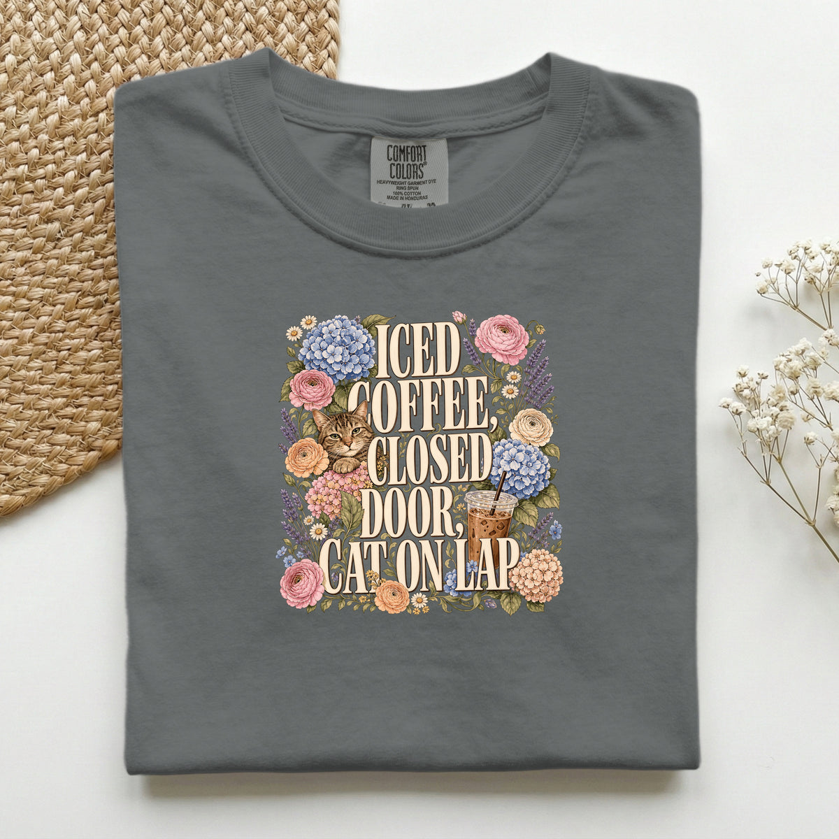 Iced Coffee, Closed Door, Cat On Lap graphic tee in Pepper, folded flat lay