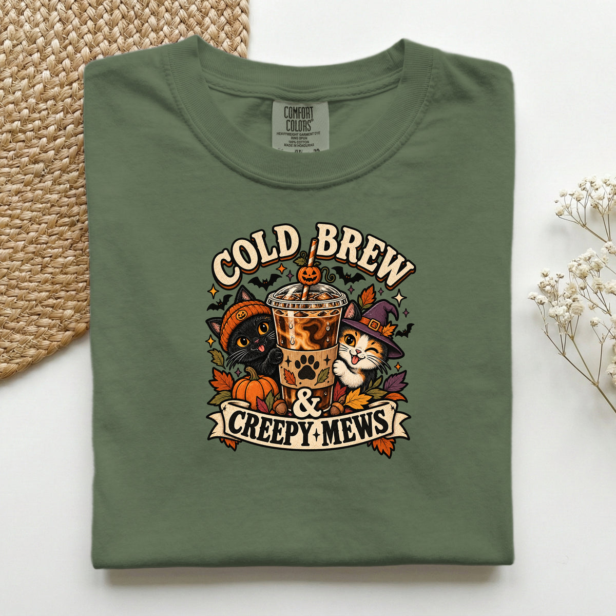 Cold Brew & Creepy Mews graphic tee in Hemp, folded flat lay