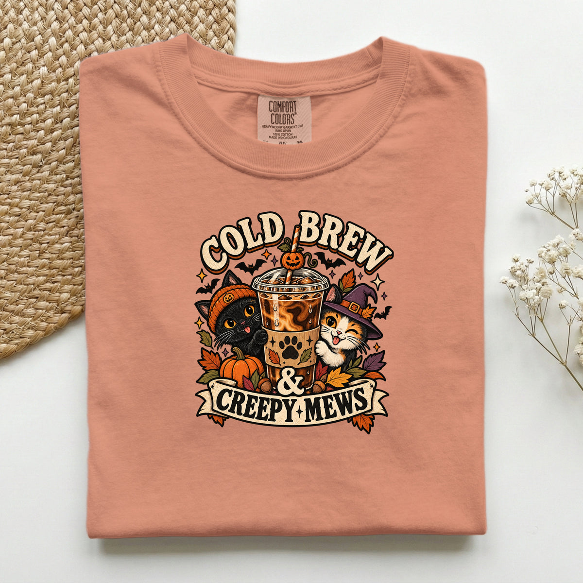 Cold Brew & Creepy Mews graphic tee in Terracotta, folded flat lay