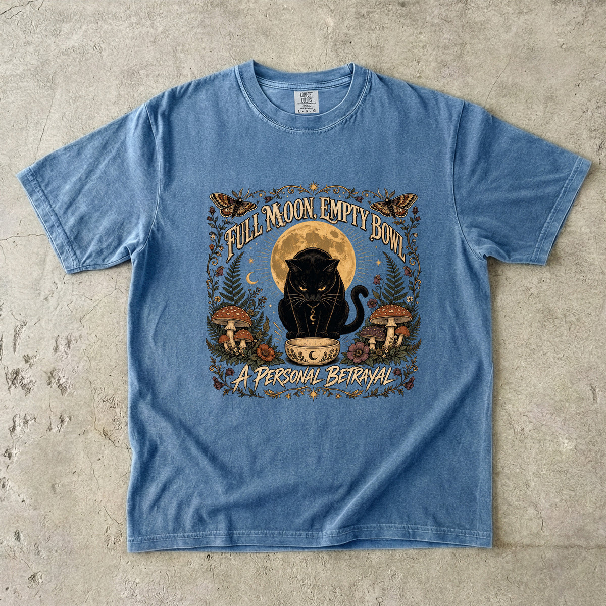 Full Moon Empty Bowl graphic tee in Blue Jean, folded flat lay