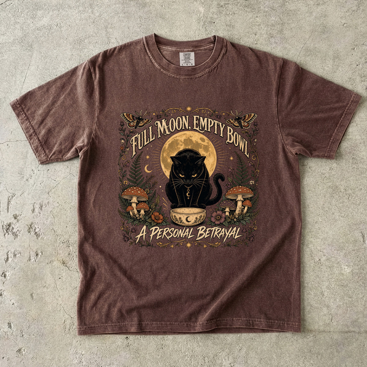 Full Moon Empty Bowl graphic tee in Espresso, folded flat lay