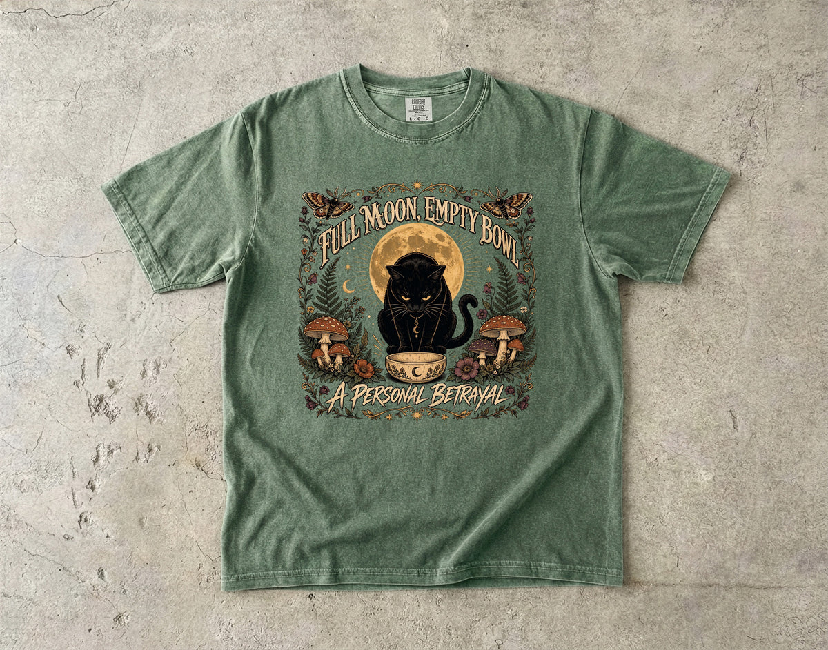 Full Moon Empty Bowl graphic tee in Moss, folded flat lay