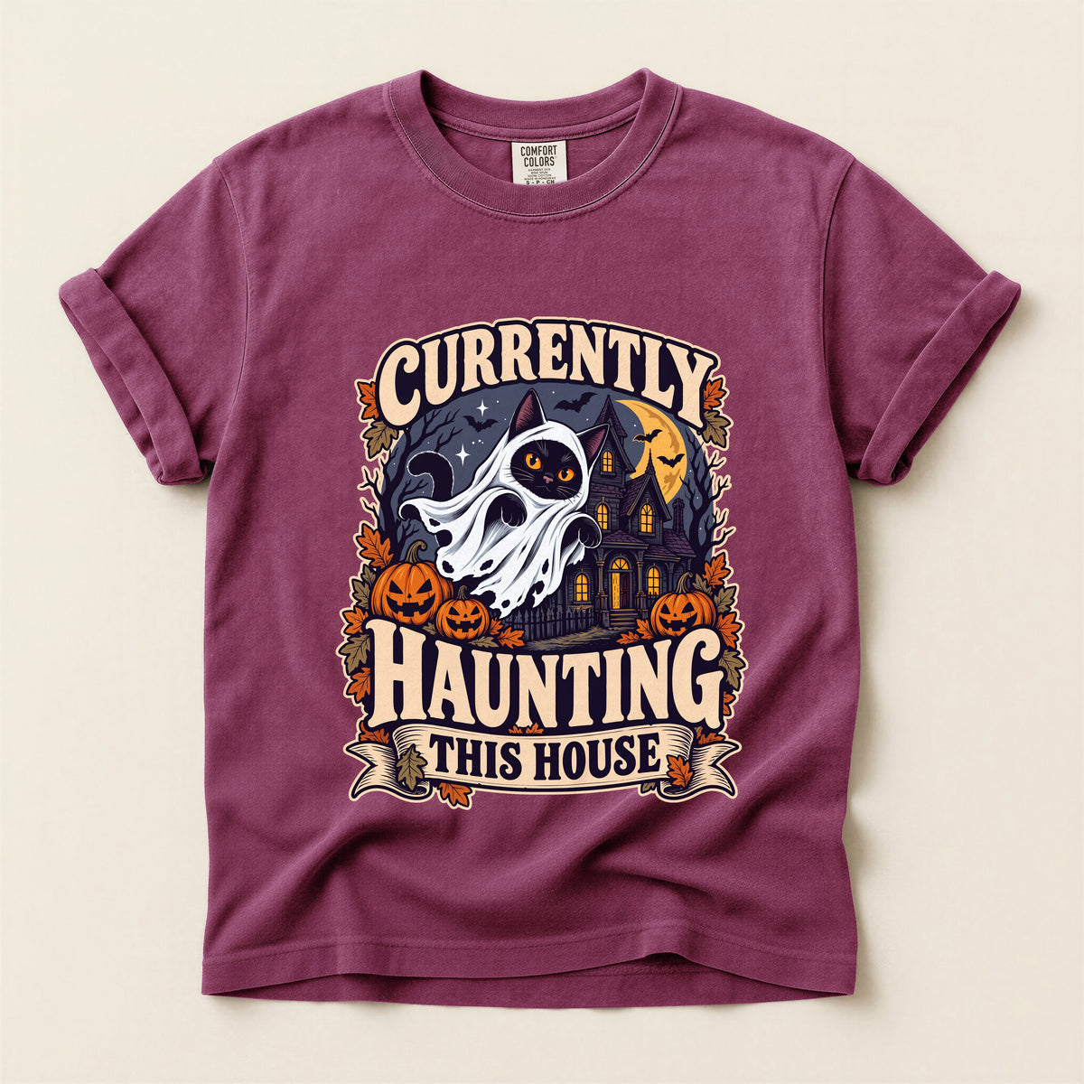 Currently Haunting This House graphic tee in Berry, flat lay