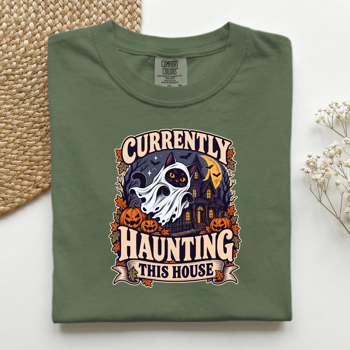 Currently Haunting This House graphic tee in Hemp, folded flat lay