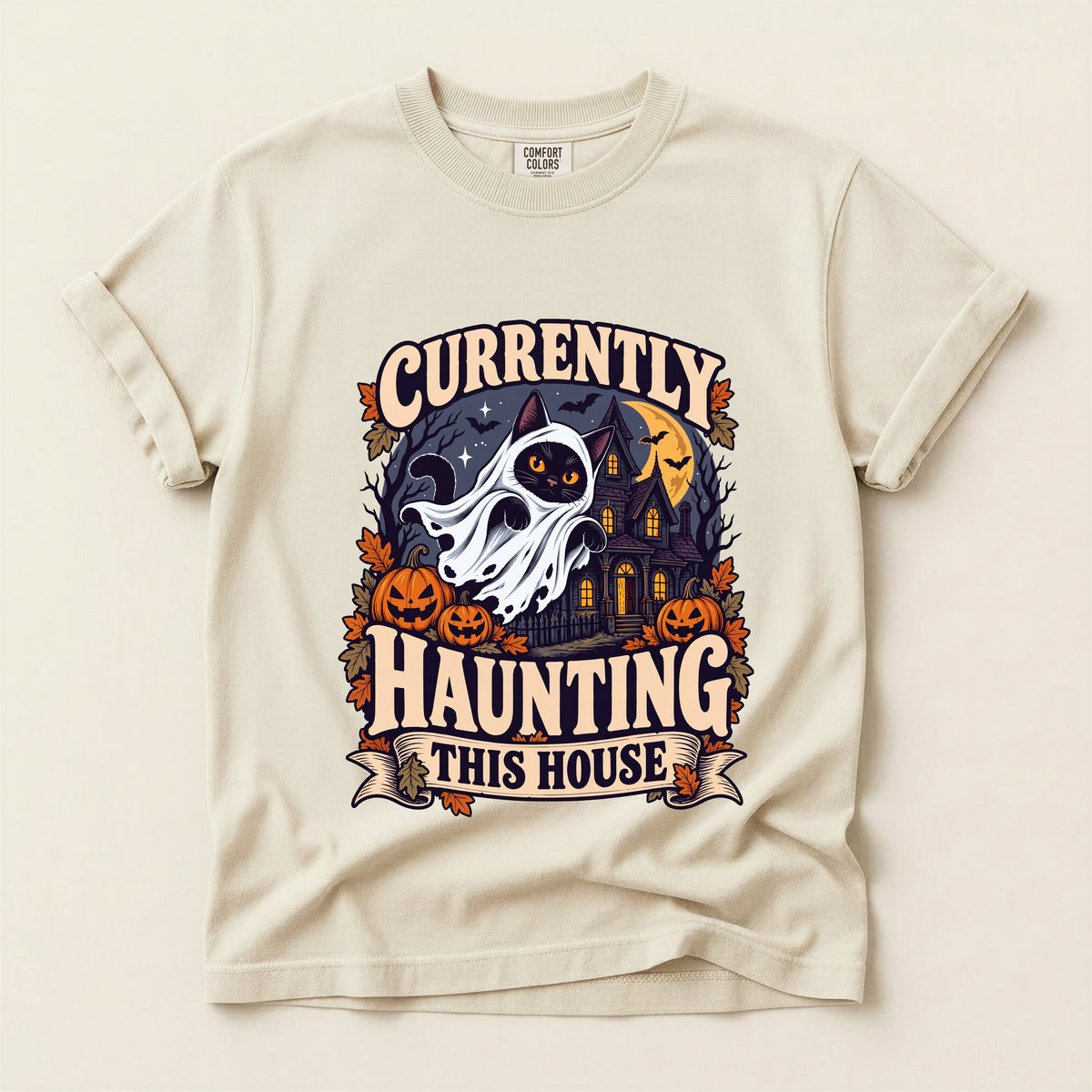 Currently Haunting This House graphic tee in Ivory, flat lay