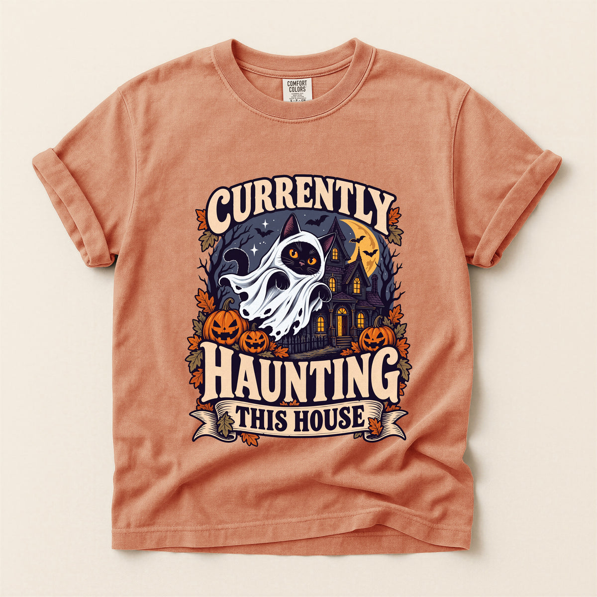 Currently Haunting This House graphic tee in Terracotta, flat lay