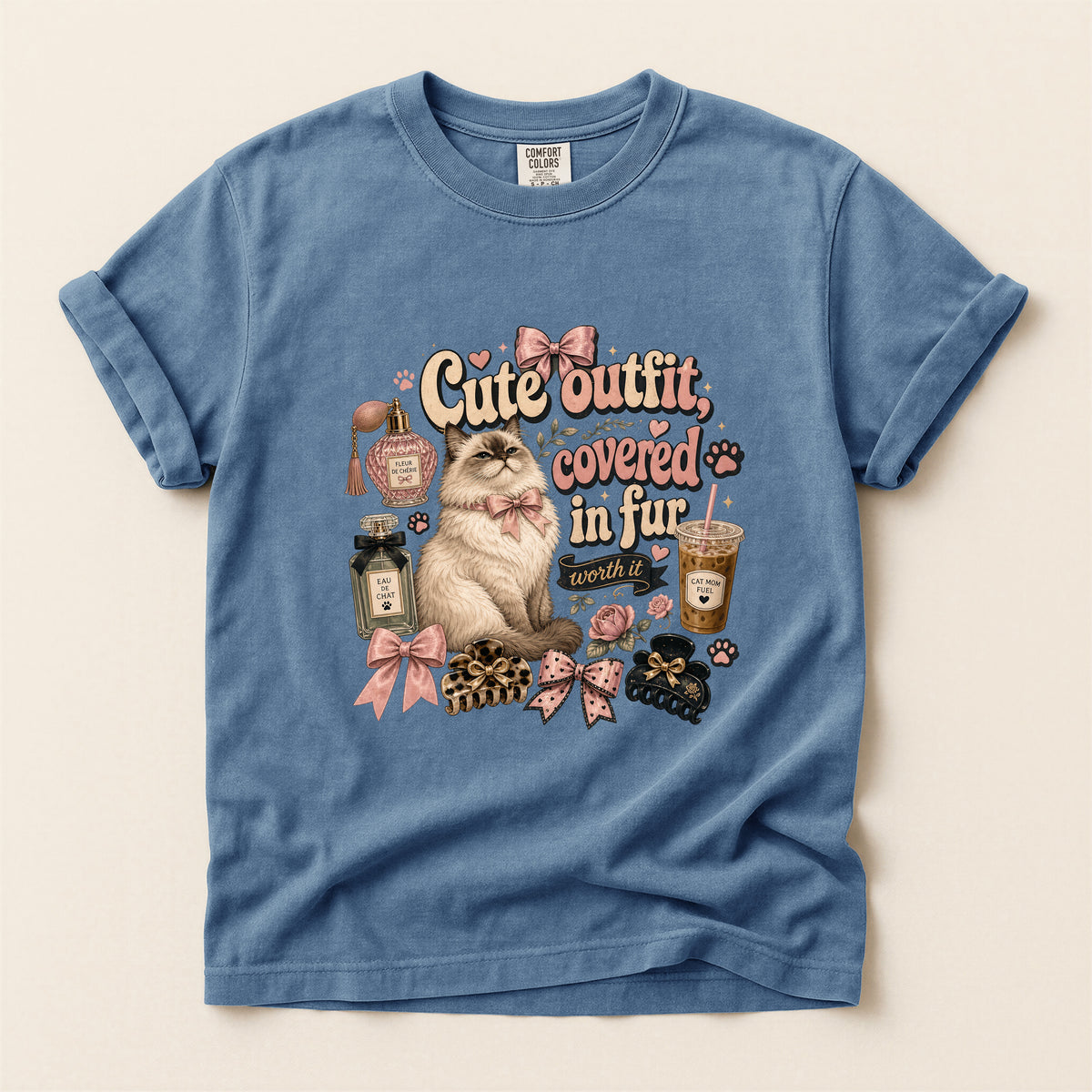 Cute Outfit Covered In Fur graphic tee in Blue Jean, folded flat lay