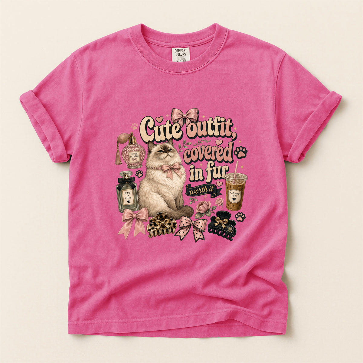 Cute Outfit Covered In Fur graphic tee in Crunchberry, folded flat lay