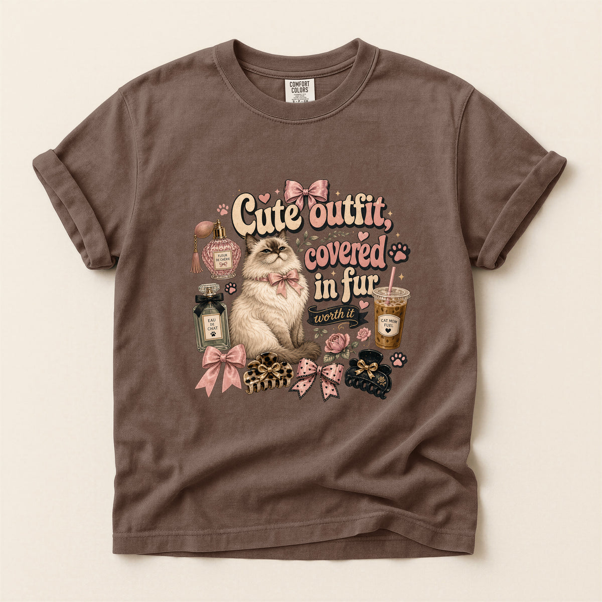 Cute Outfit Covered In Fur graphic tee in Espresso, folded flat lay