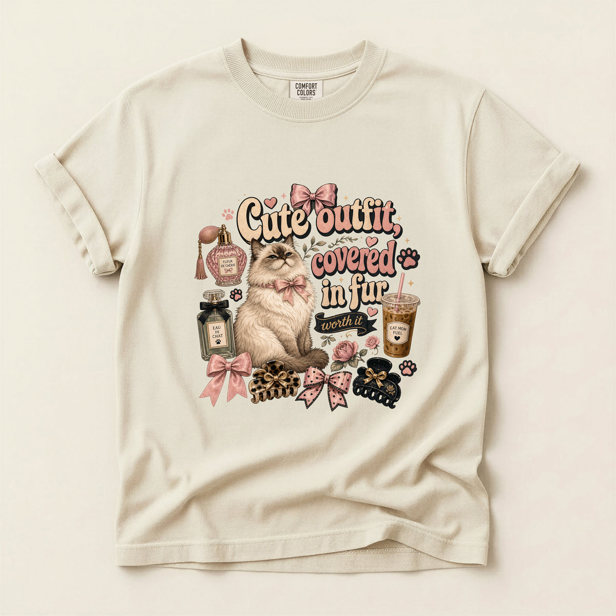 Cute Outfit Covered In Fur graphic tee in Ivory, folded flat lay