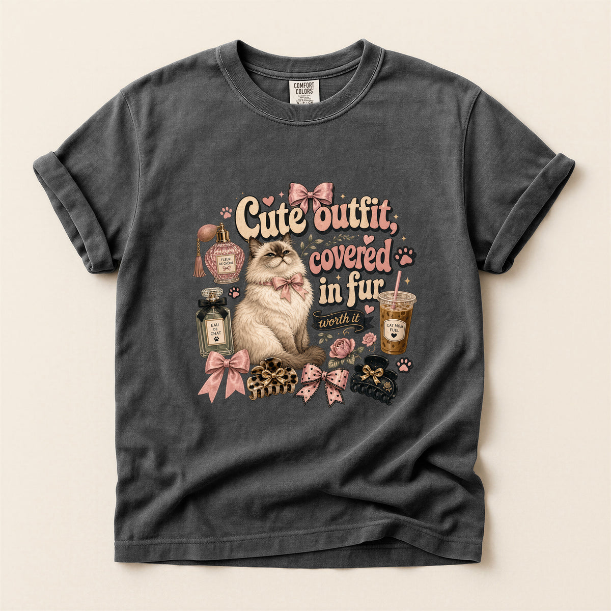 Cute Outfit Covered In Fur graphic tee in Pepper, folded flat lay