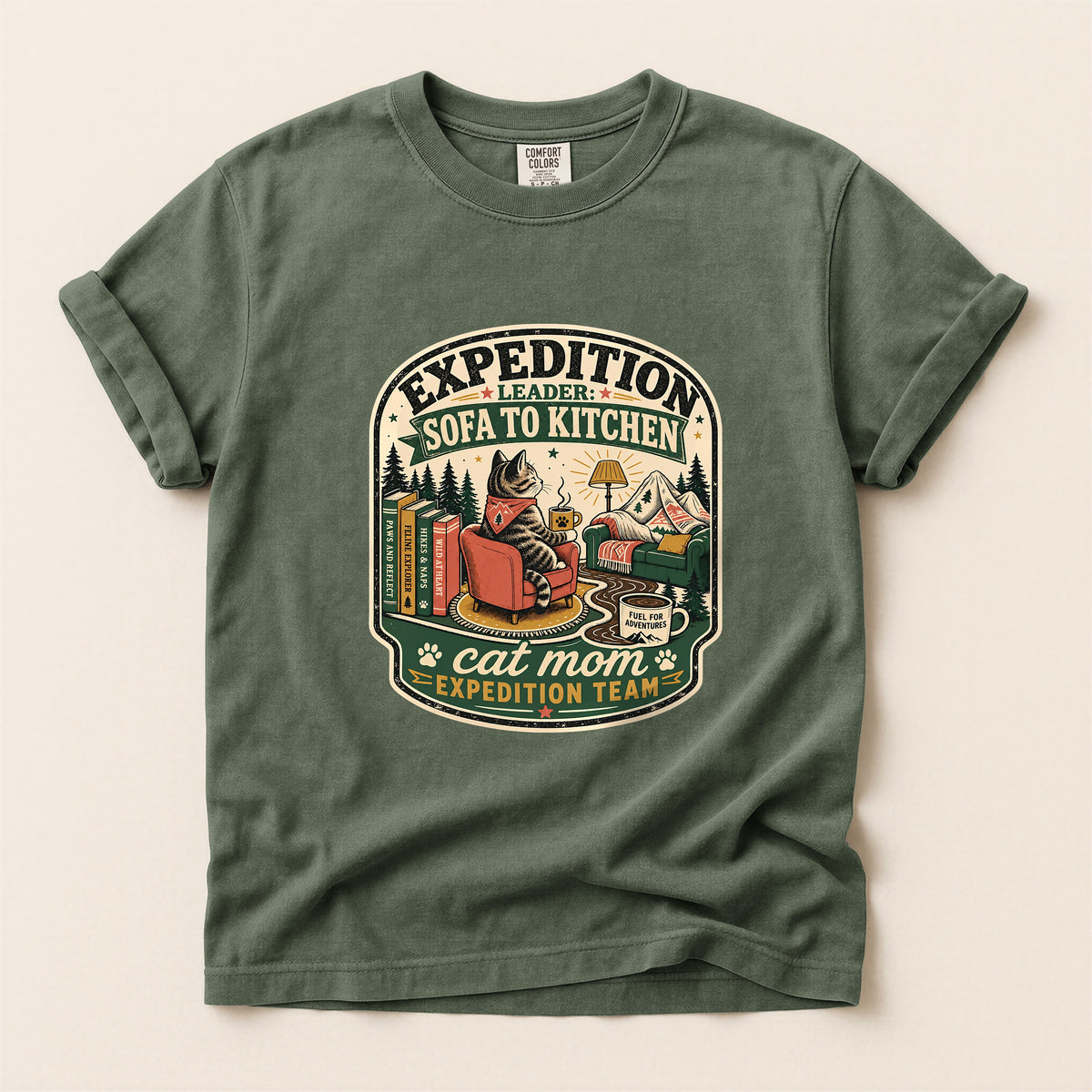 Expedition Leader: Sofa to Kitchen Comfort Colors tee in Moss – cat mum introvert gift