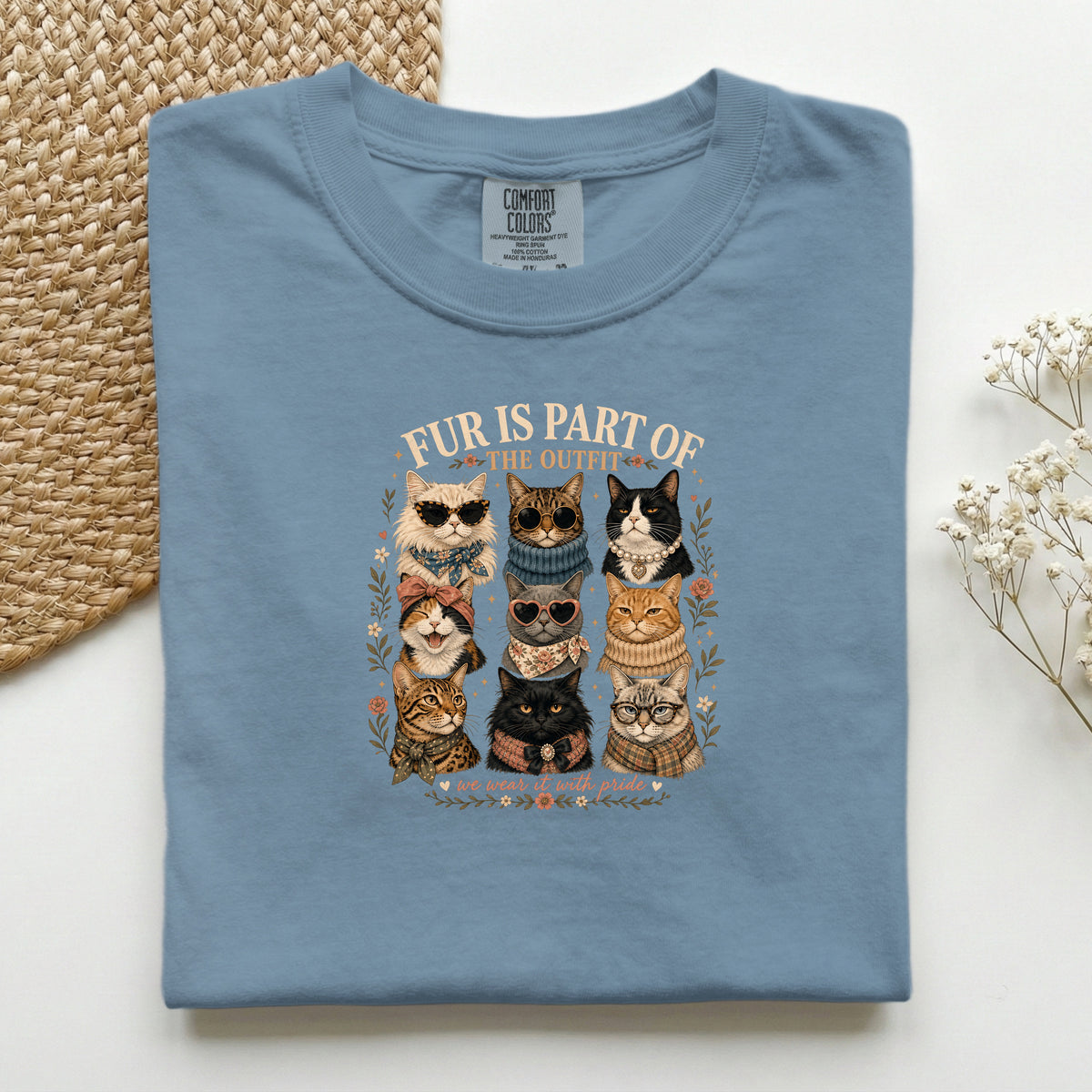 Fur Is Part Of The Outfit graphic tee in Blue Jean, folded flat lay