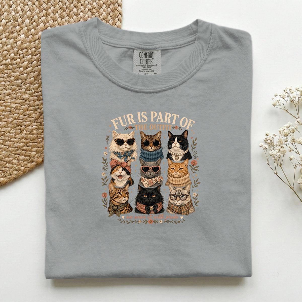 Fur Is Part Of The Outfit graphic tee in Granite, folded flat lay