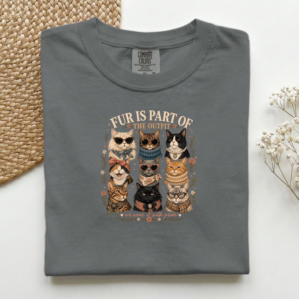 Fur Is Part Of The Outfit graphic tee in Pepper, folded flat lay