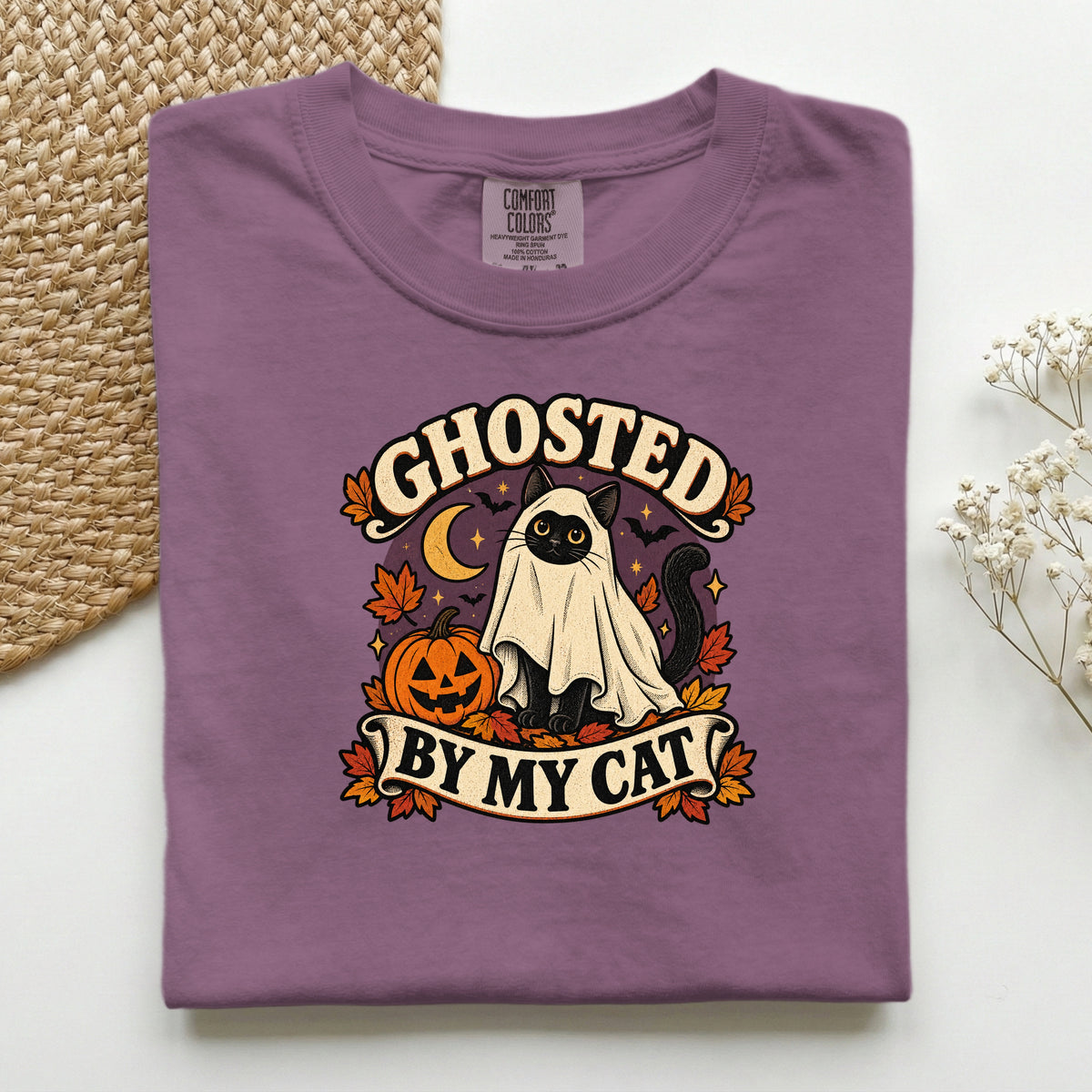 Ghosted By My Cat graphic tee in Berry, folded flat lay