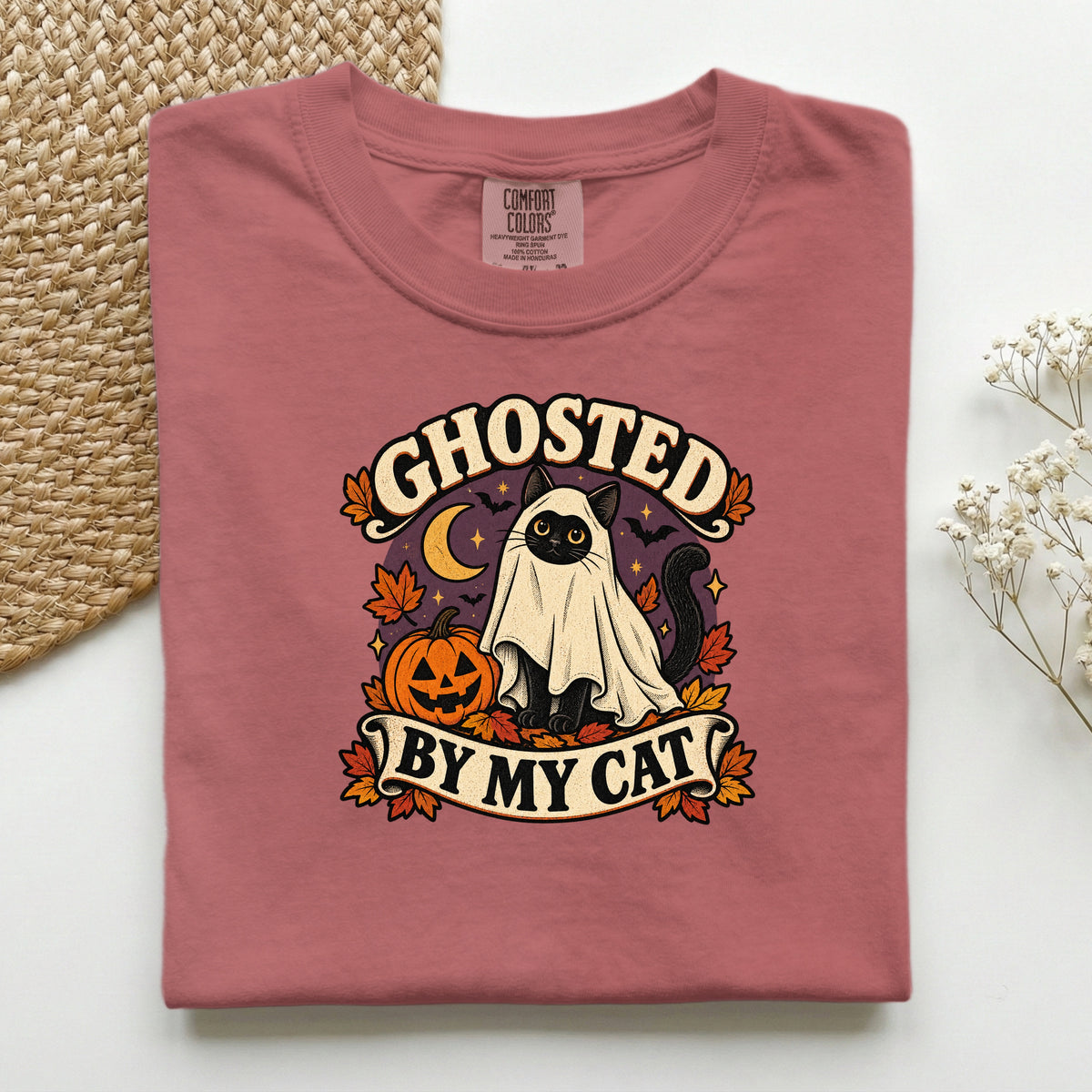 Ghosted By My Cat graphic tee in Crimson, folded flat lay