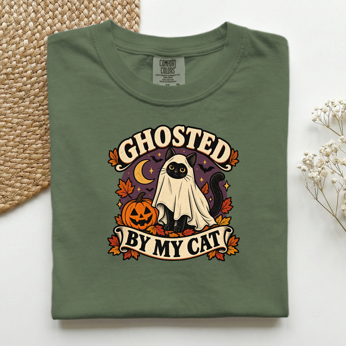 Ghosted By My Cat graphic tee in Hemp, folded flat lay