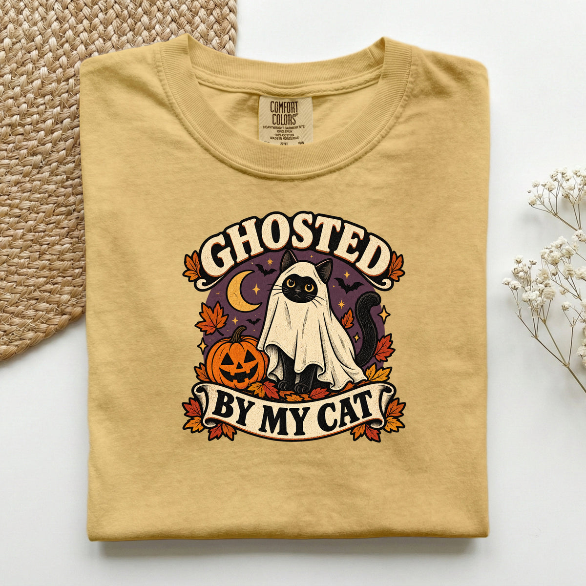 Ghosted By My Cat graphic tee in Mustard, folded flat lay