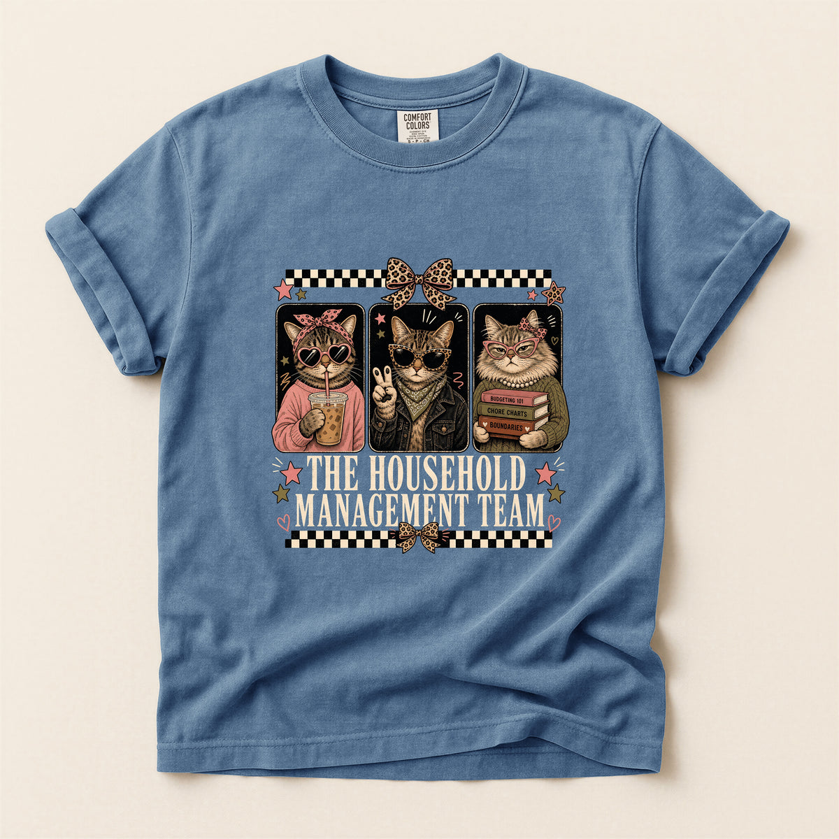 The Household Management Team graphic tee in Blue Jean, folded flat lay