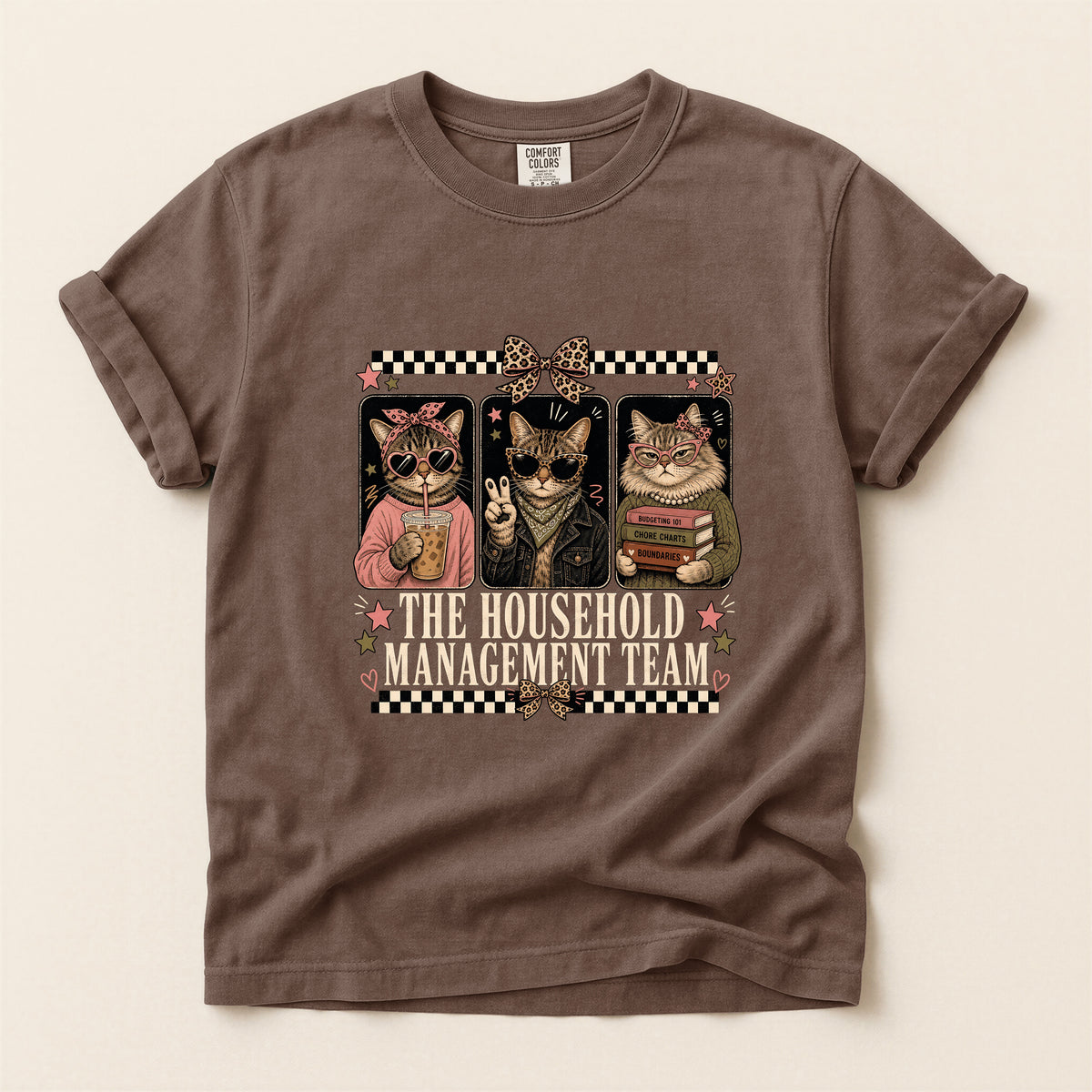 The Household Management Team graphic tee in Espresso, folded flat lay