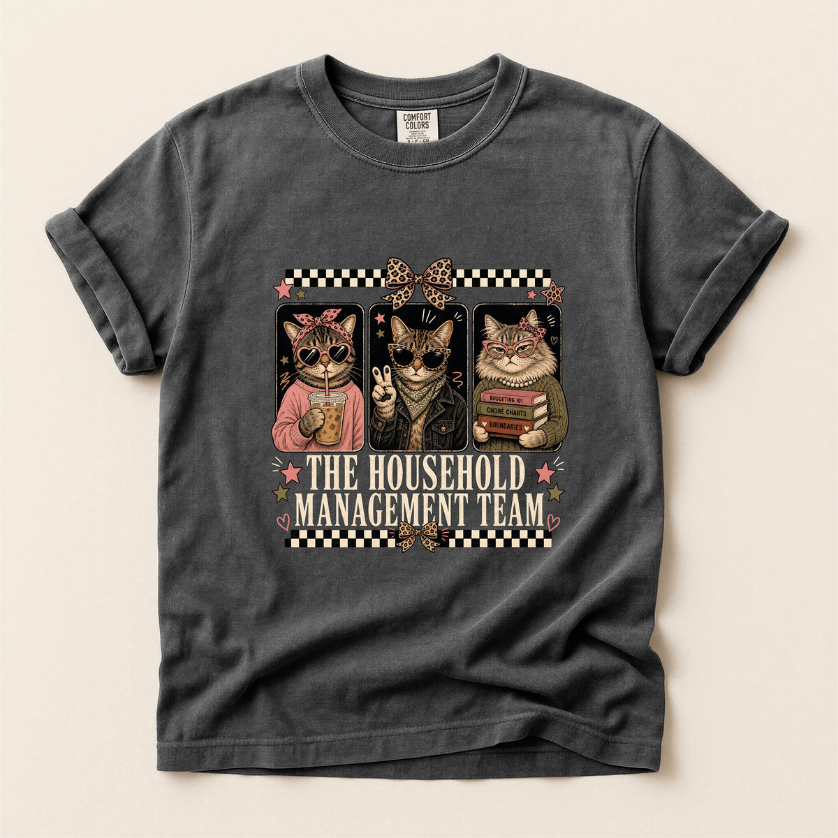 The Household Management Team graphic tee in Pepper, folded flat lay