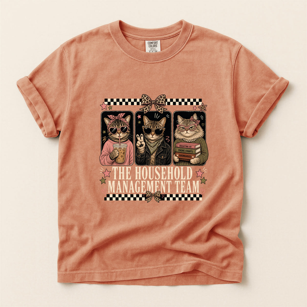 The Household Management Team graphic tee in Terracotta, folded flat lay