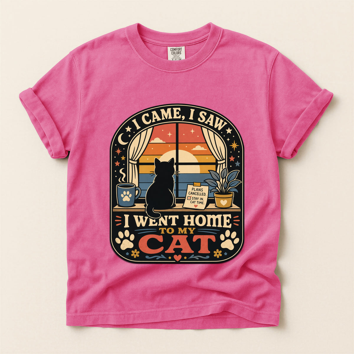 I Came I Saw I Went Home to My Cat graphic tee in Crunchberry, folded flat lay