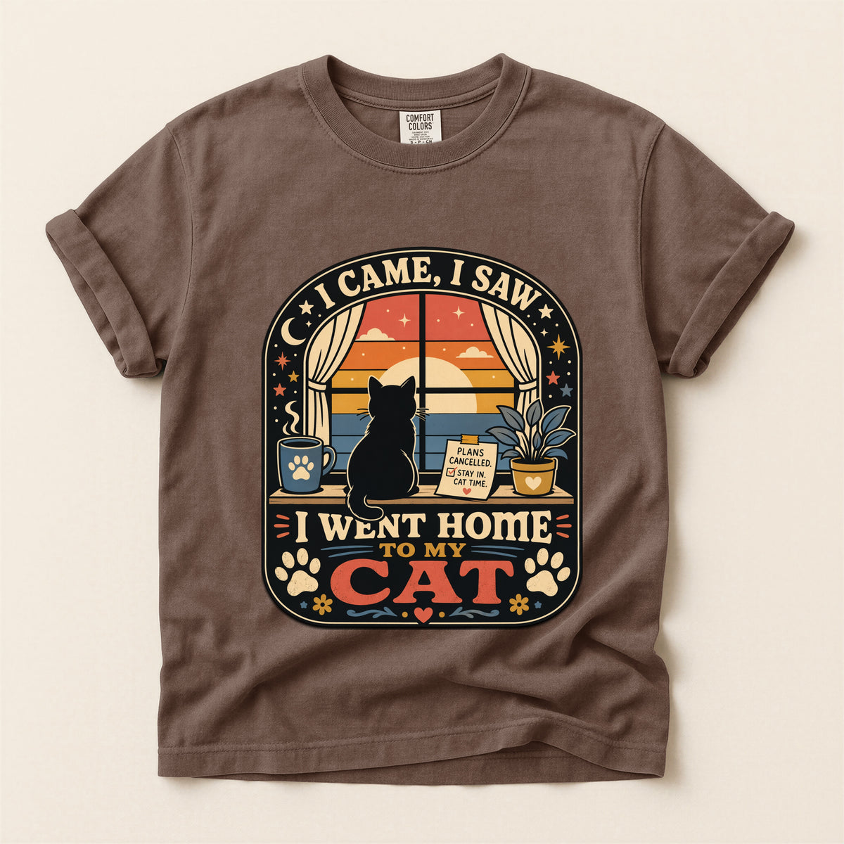I Came I Saw I Went Home to My Cat graphic tee in Espresso, folded flat lay