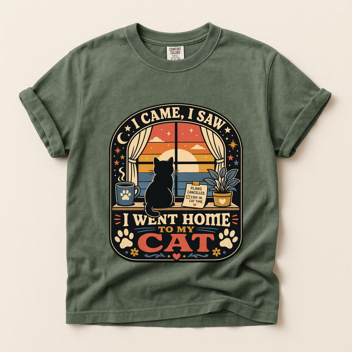 I Came I Saw I Went Home to My Cat graphic tee in Moss, folded flat lay