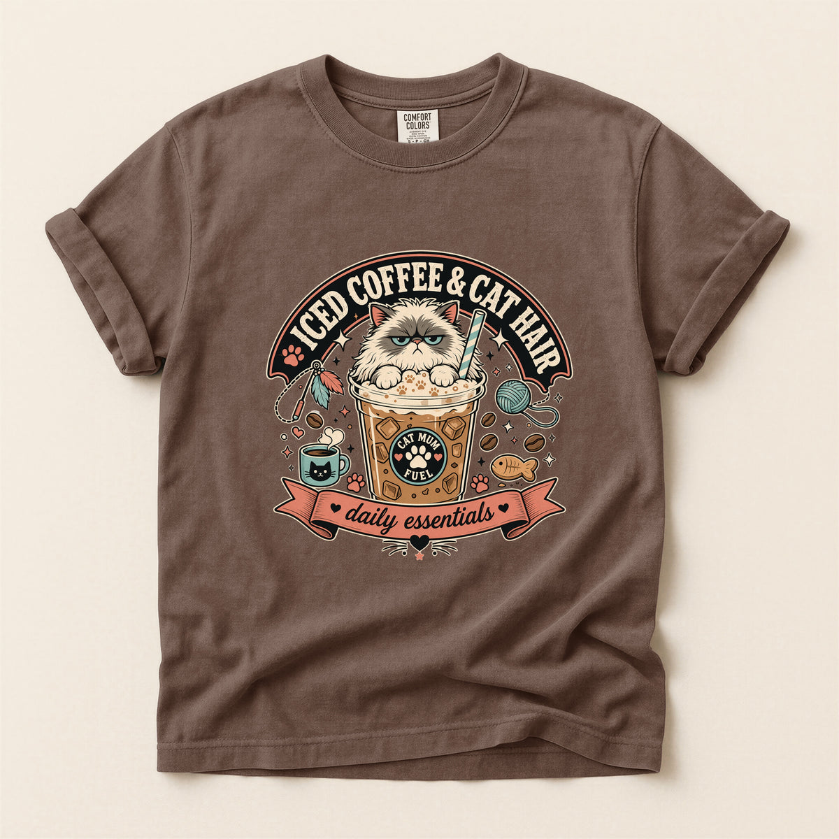 Iced Coffee & Cat Hair graphic tee in Espresso, folded flat lay