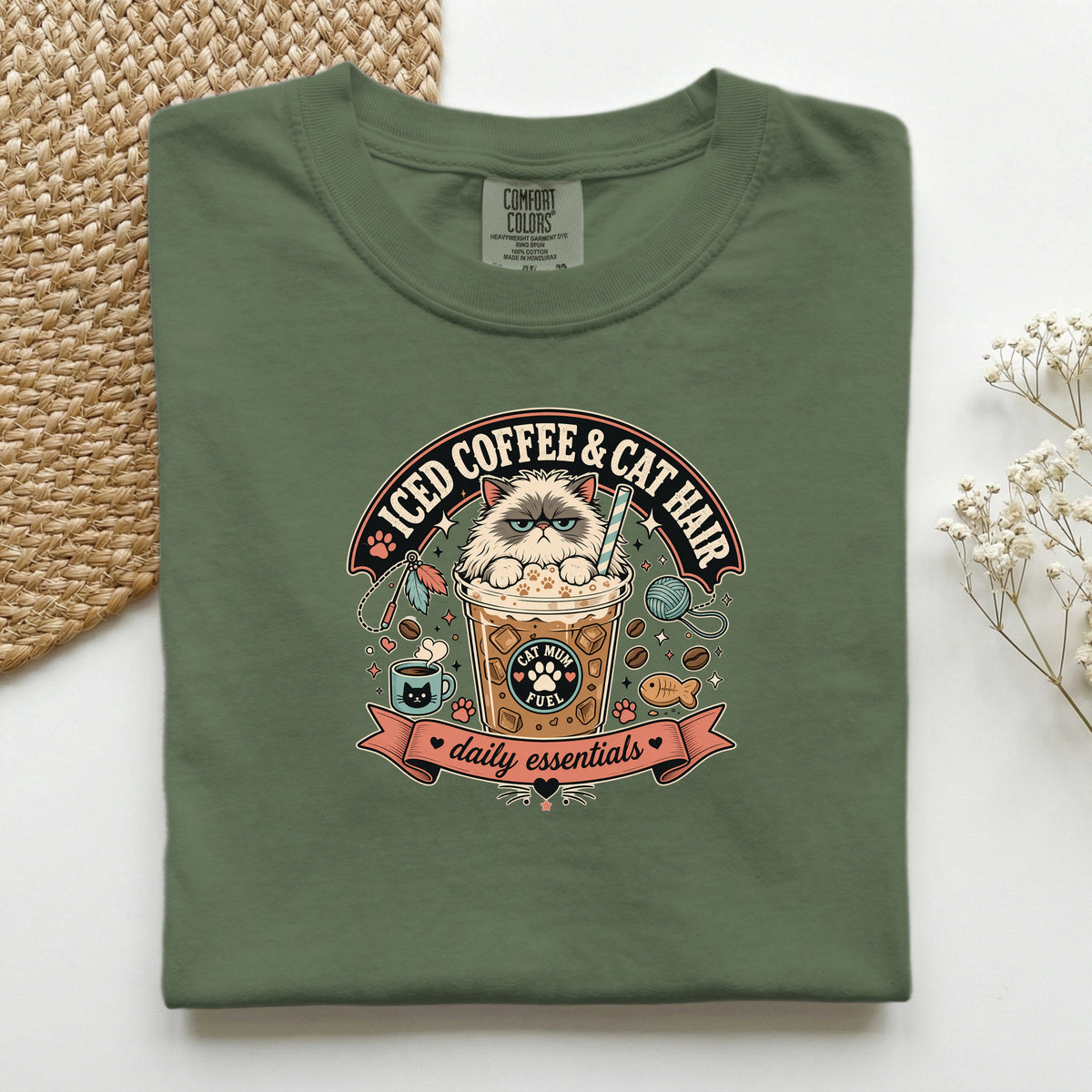 Iced Coffee & Cat Hair graphic tee in Hemp, folded flat lay