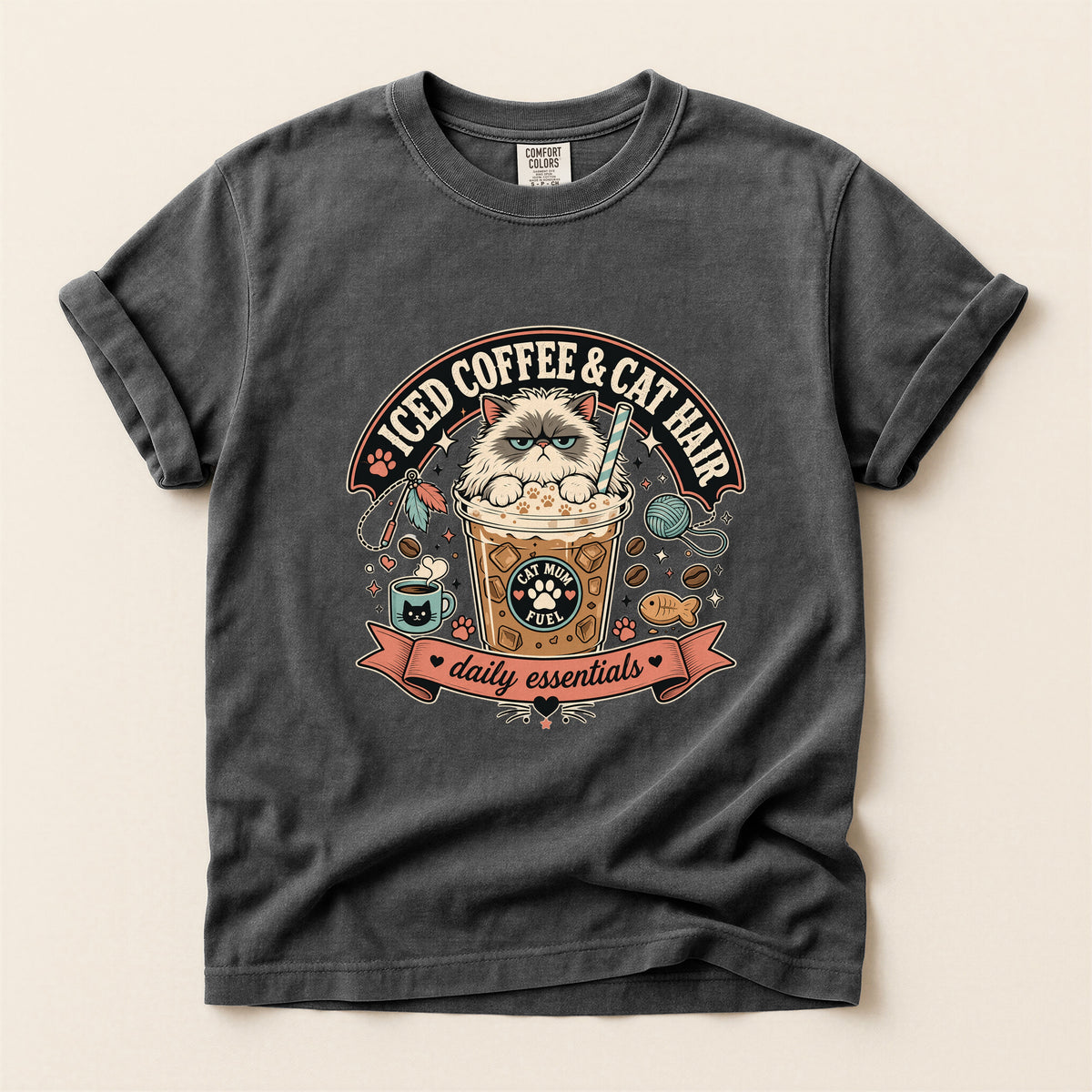 Iced Coffee & Cat Hair graphic tee in Pepper, folded flat lay