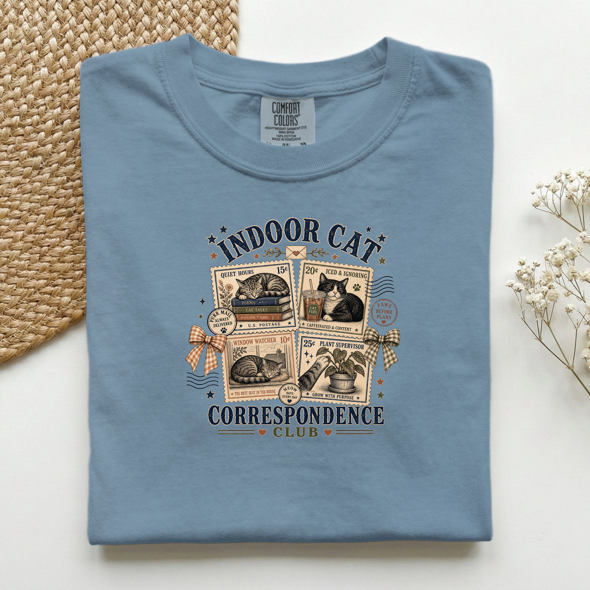 Indoor Cat Correspondence Club graphic tee in Blue Jean, folded flat lay