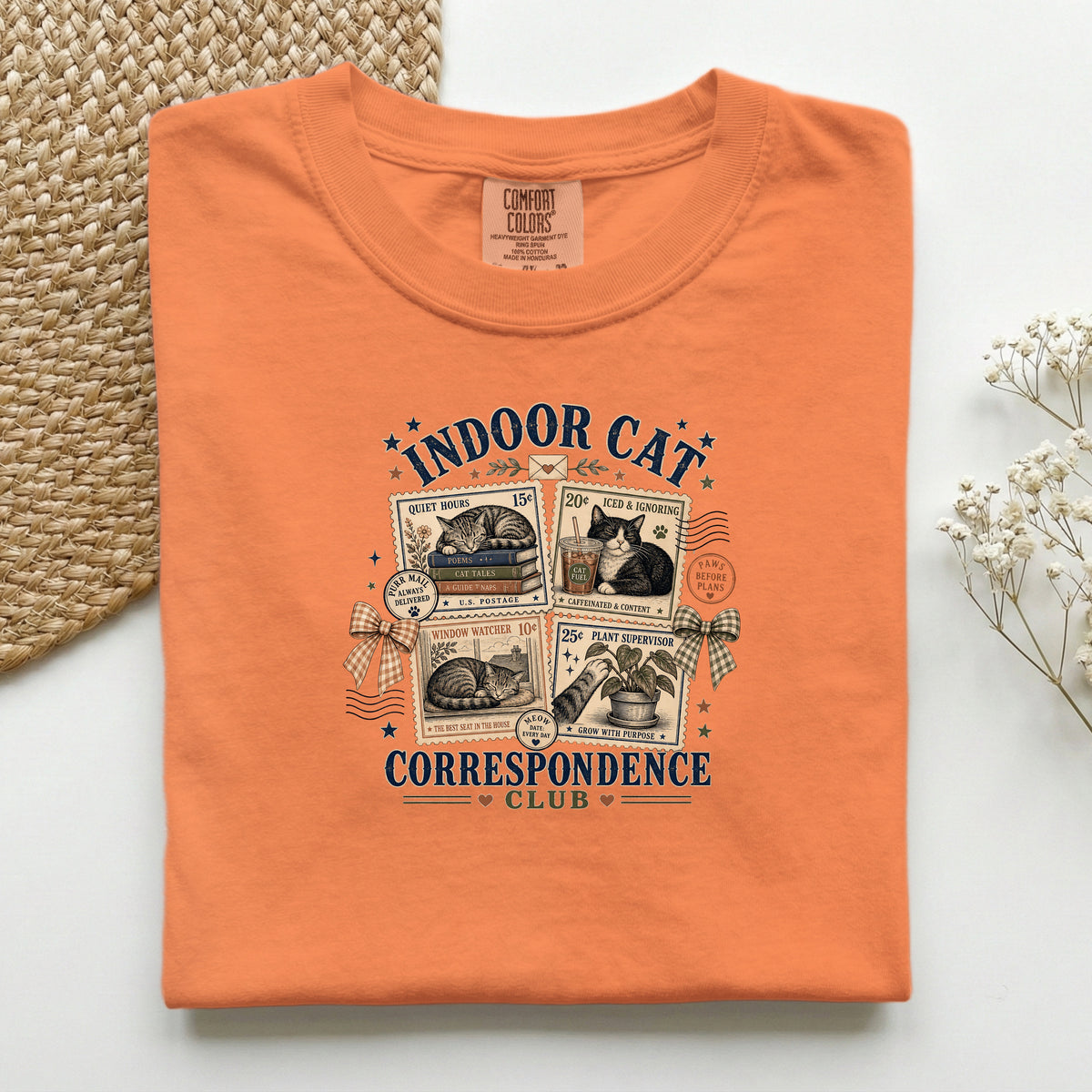 Indoor Cat Correspondence Club graphic tee in Burnt Orange, folded flat lay