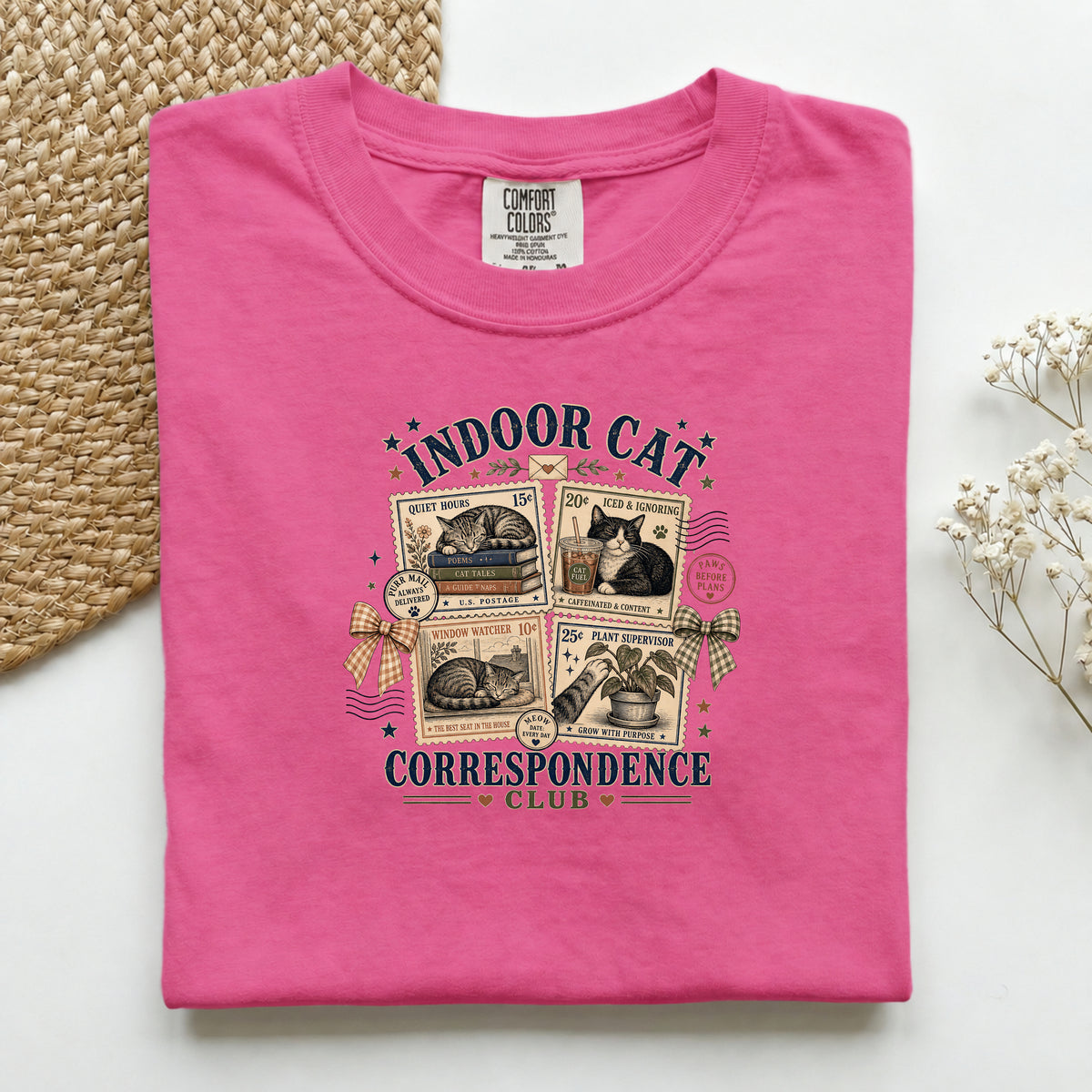 Indoor Cat Correspondence Club graphic tee in Crunchberry, folded flat lay