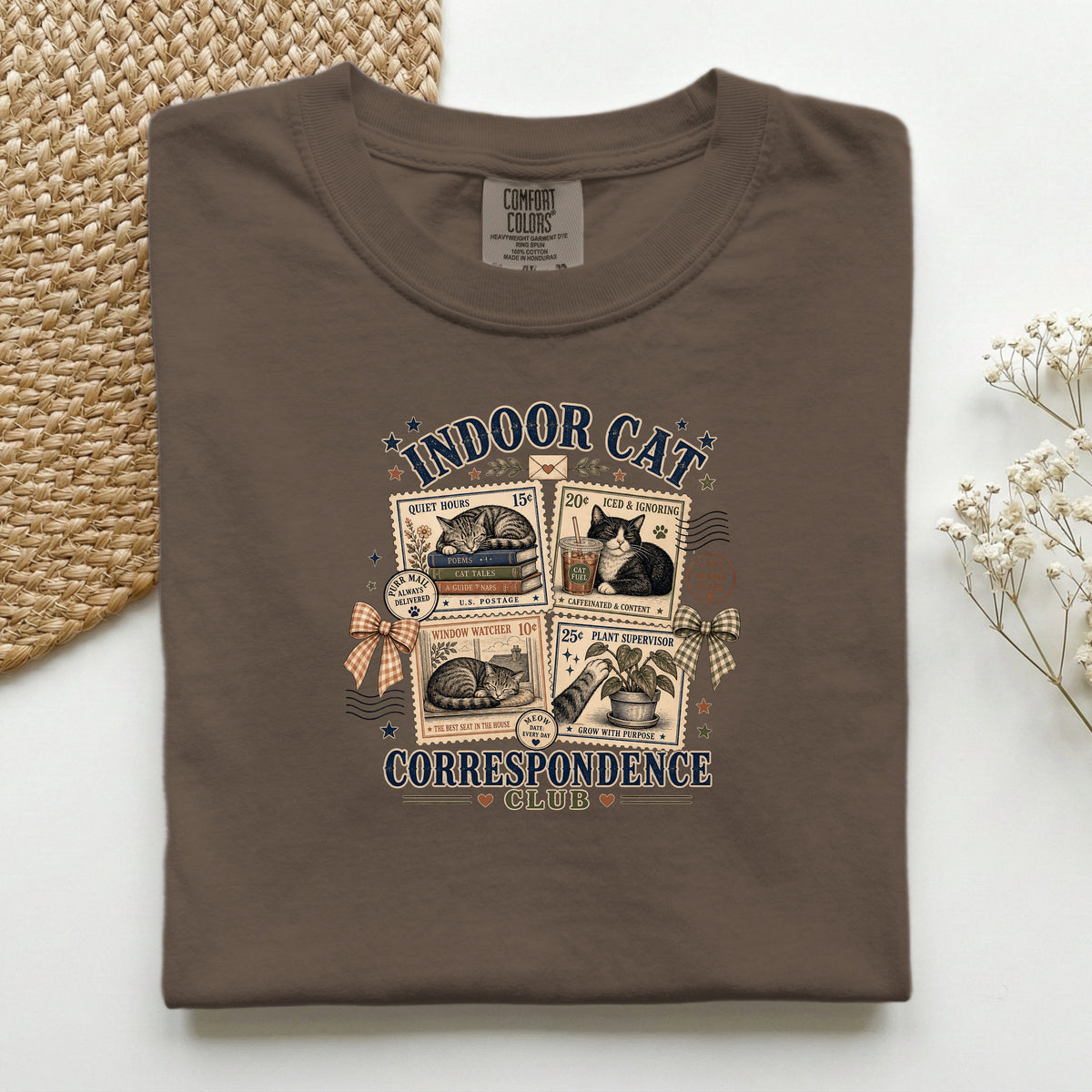 Indoor Cat Correspondence Club graphic tee in Espresso, folded flat lay