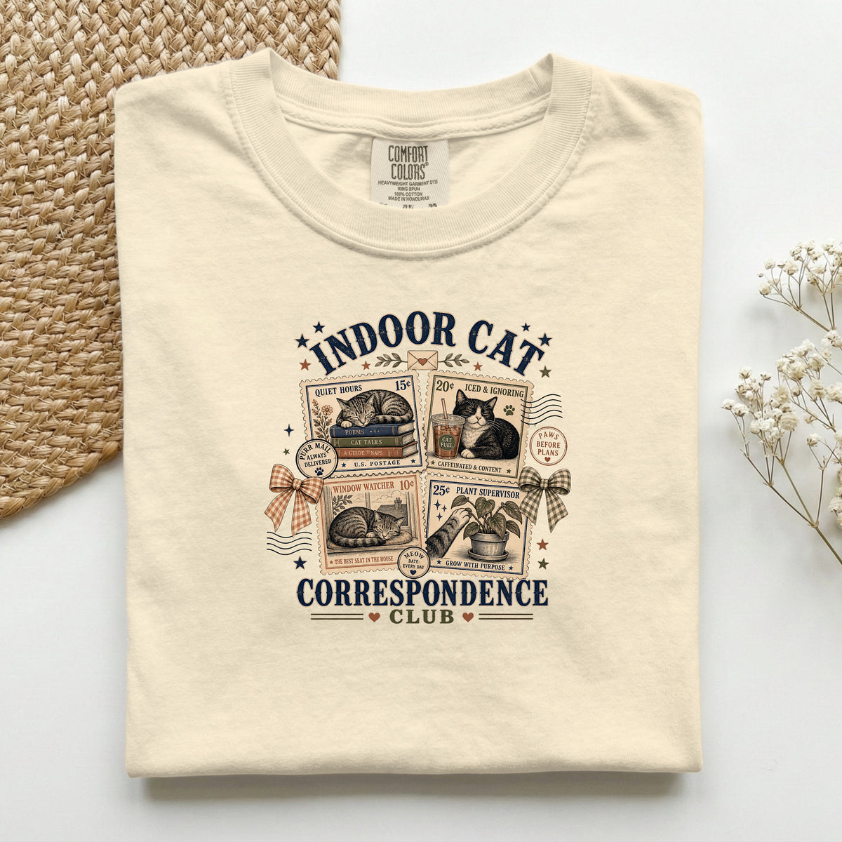 Indoor Cat Correspondence Club graphic tee in Ivory, folded flat lay