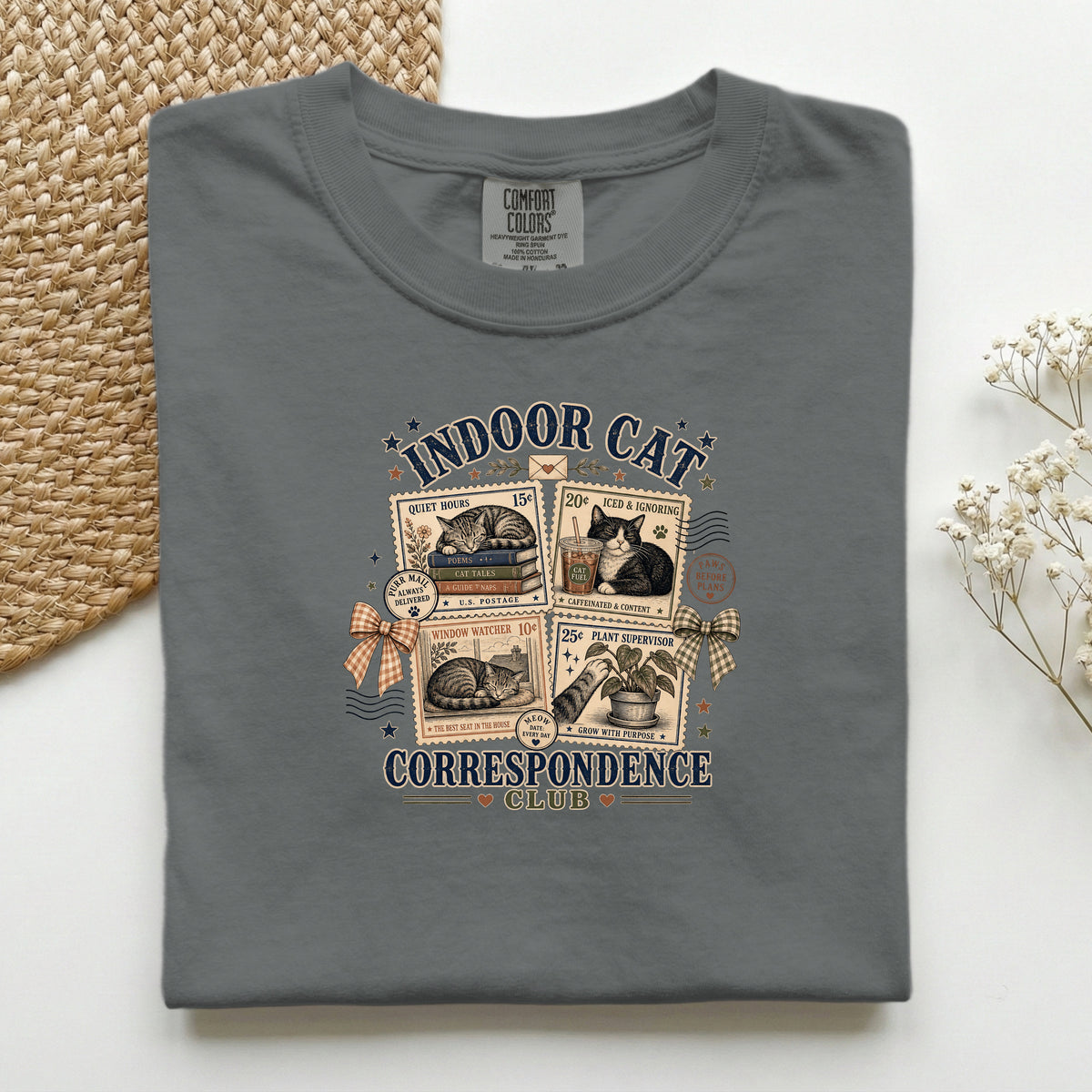 Indoor Cat Correspondence Club graphic tee in Pepper, folded flat lay