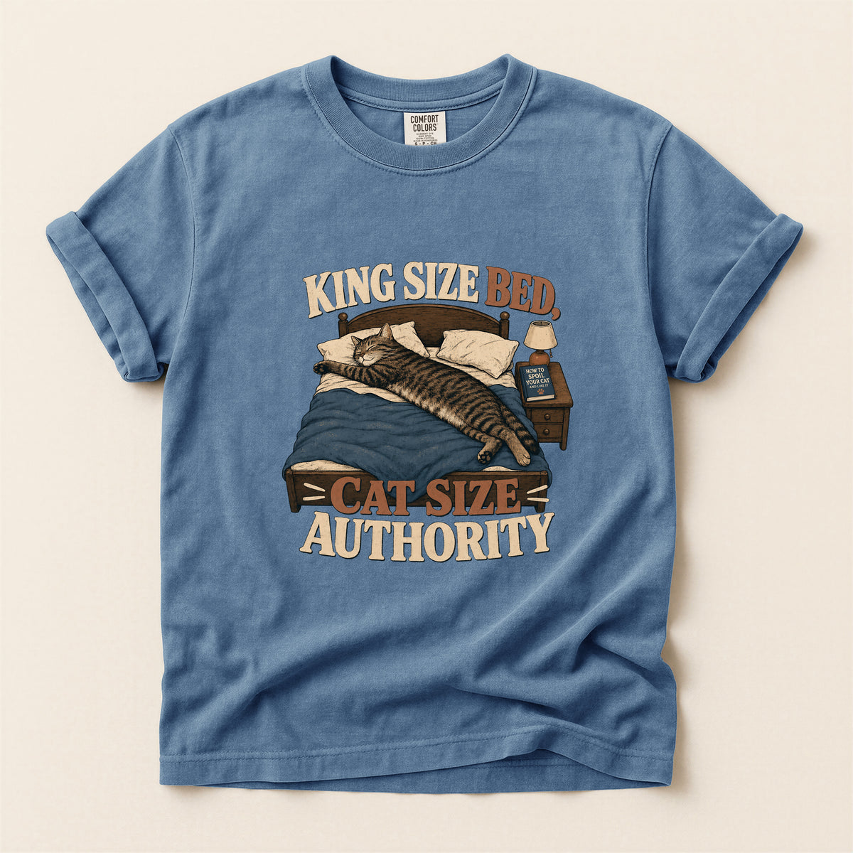 King Size Bed Cat Authority graphic tee in Blue Jean, folded flat lay