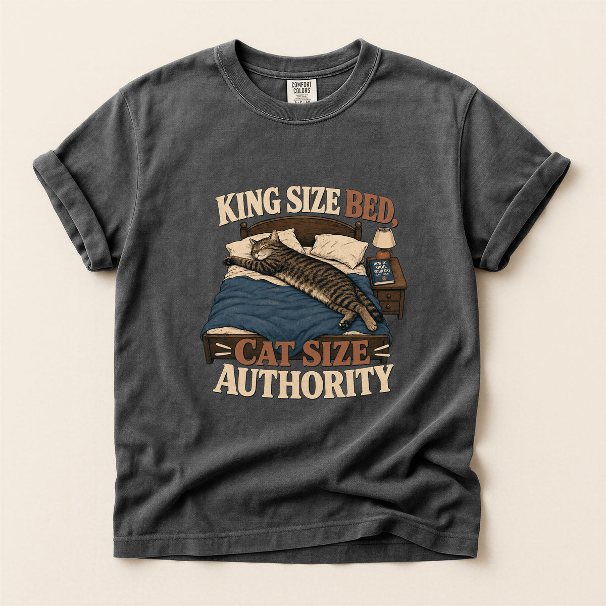 King Size Bed Cat Authority graphic tee in Pepper, folded flat lay