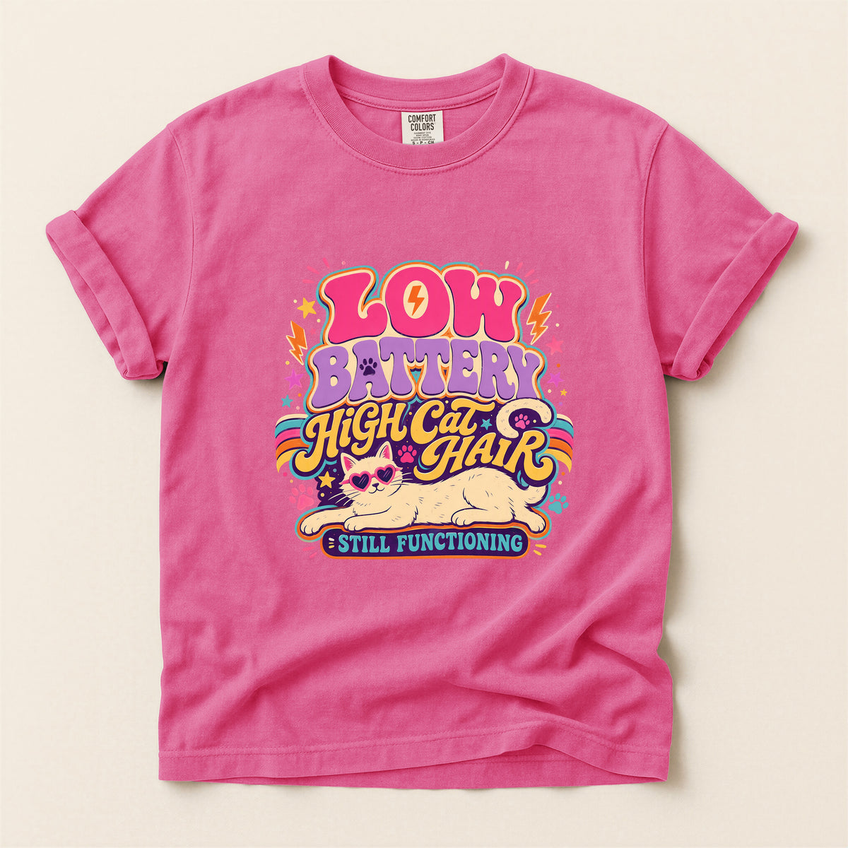 Low Battery High Cat Hair graphic tee in Crunchberry, folded flat lay