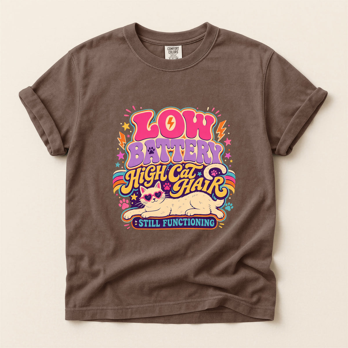 Low Battery High Cat Hair graphic tee in Espresso, folded flat lay