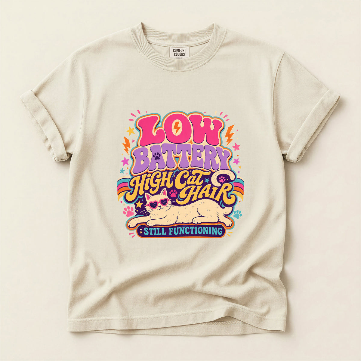 Low Battery High Cat Hair graphic tee in Ivory, folded flat lay